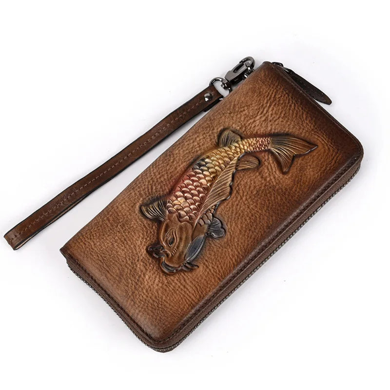 Motaora Women's Wallet Retro Genuine Leather Wallet For Female New Wristband Zipper Cell Phone Bag Golden Fish Engraved Clutches