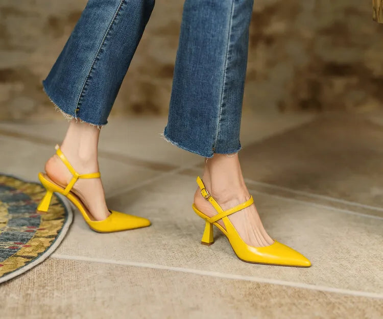 Summer Women Shoes Pointed Toe Thin Heel Women Sandals Genuine Leather Shoes for Women Slingback Elegant High Heels Party Shoes
