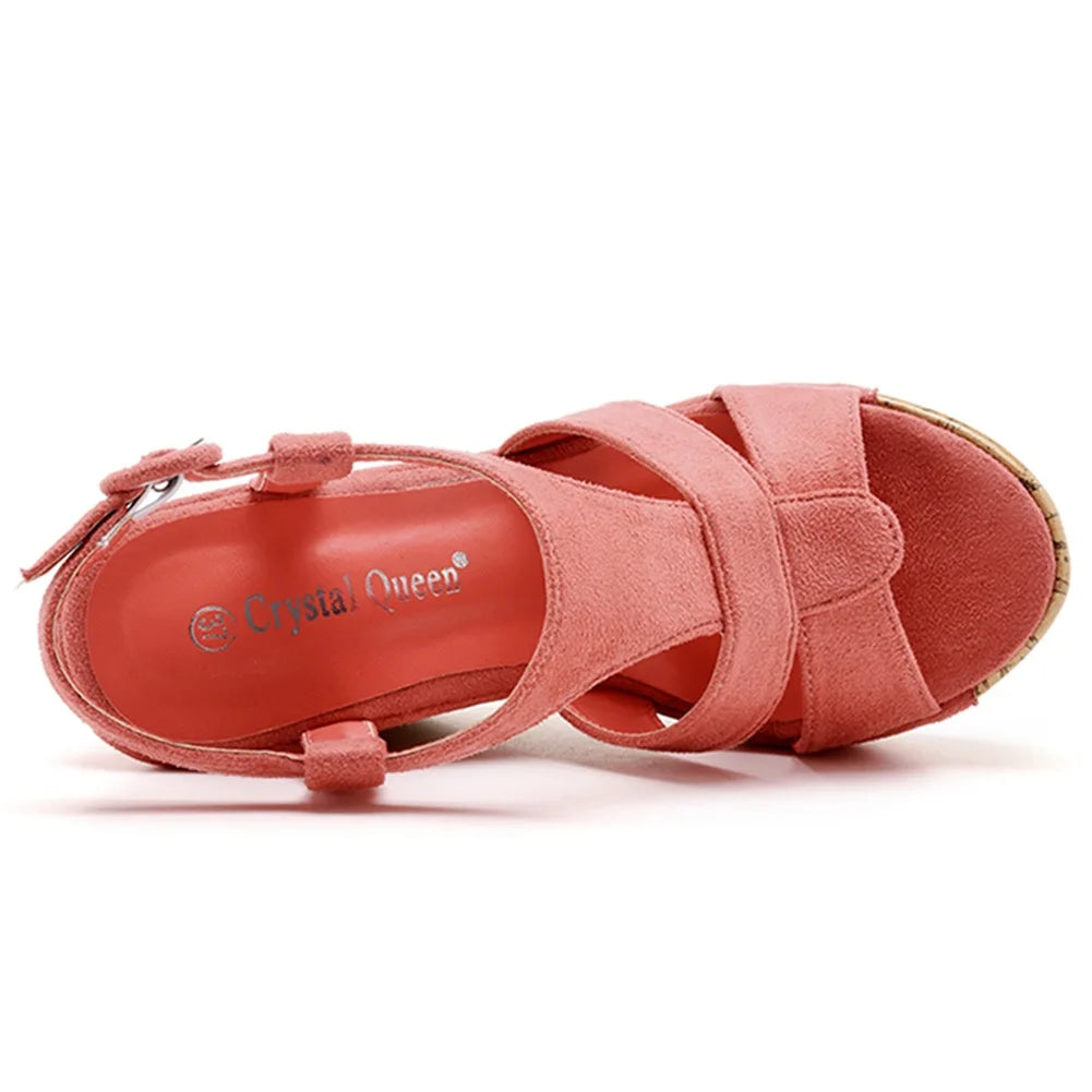 Women’s Summer Flock Sandals – 12CM Wedge Heels with Buckle Strap, White