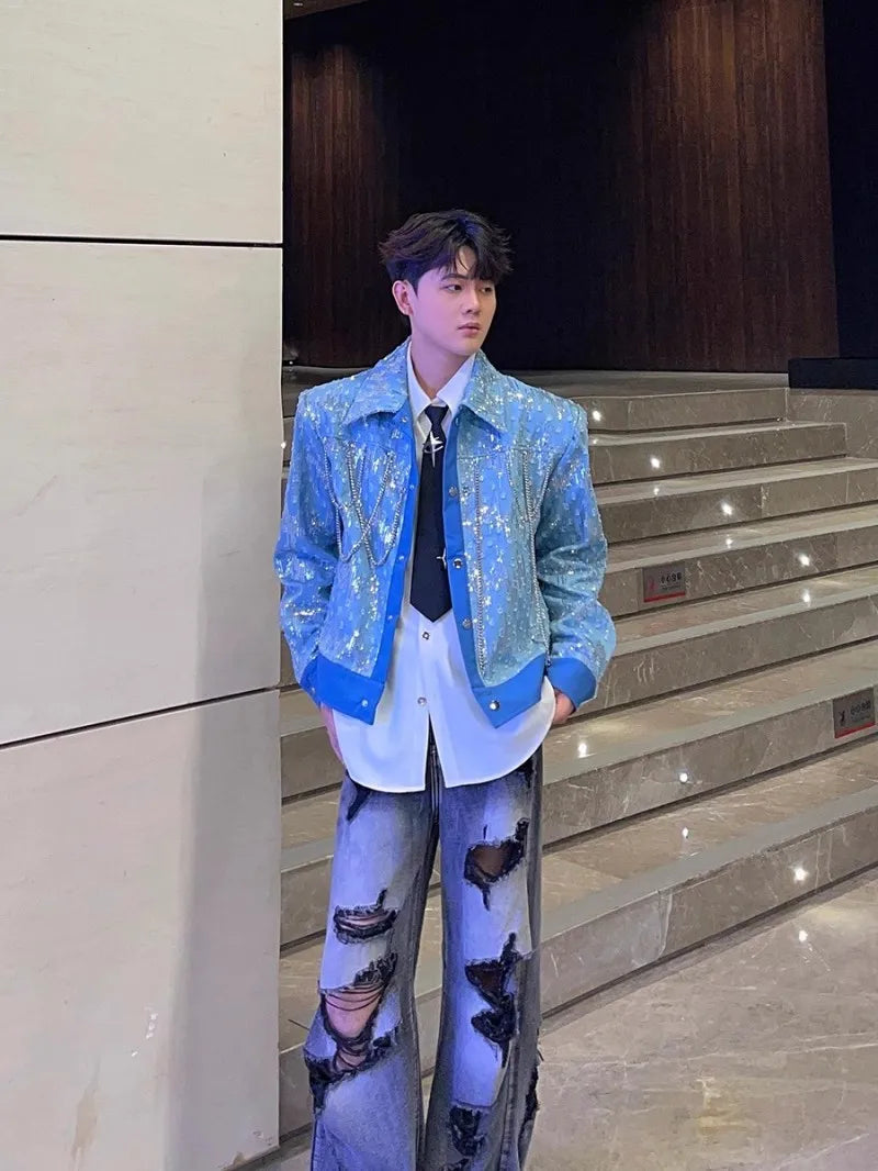 Mens Blue Denim Jacket Fashion Sequined Chain Turn-Down Collar Spring Autumn Short Coat Single Breasted Casual Outerwear Male
