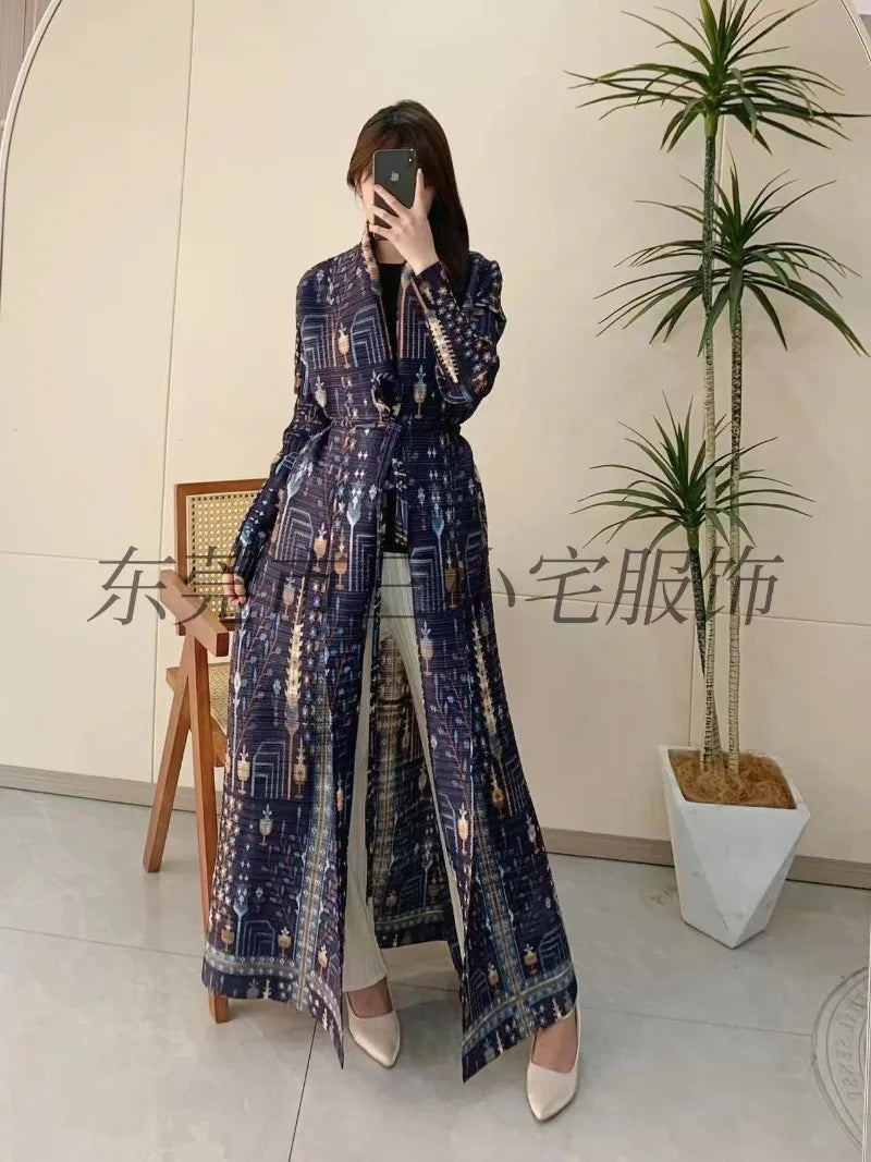 KAF Pleated Women Large Size Trench Coat 2024 Spring and Autumn New Vintage Printed Design Female Robe Arab Luxury Abaya