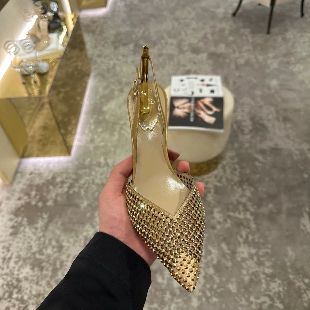 Luxury Rhinestones Sequined Buckle Women Pumps Elegant Pointed toe Slingbacks Stiletto High heels Spring Summer Fashion Shoes
