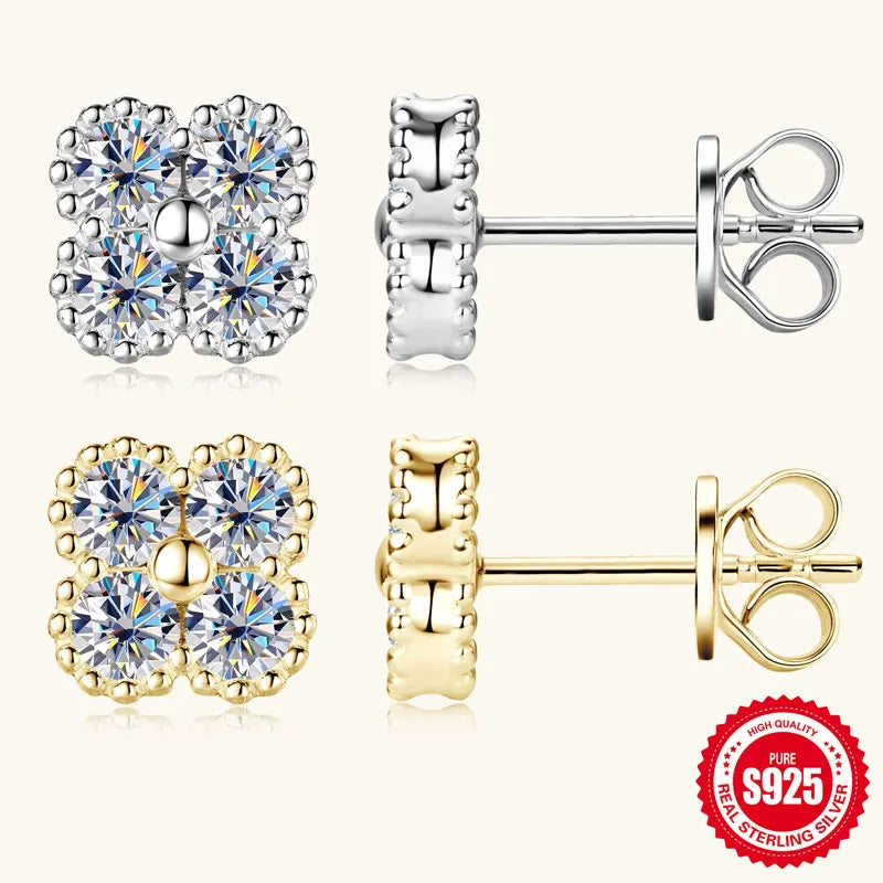 Lnngy Certified Four Leaf Clover 3mm Moissanite Earrings For Women 925 Sterling Silver Stud Earrings Moissanites Jewelry Gift