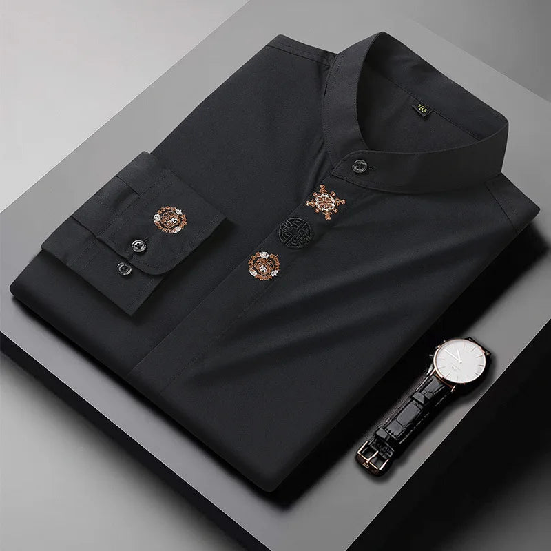 قميص رجالي جديد بأكمام طويلة للخريف بمقاسات كبيرة 7XL 8XL 10XL 12XL فستان عمل مطرز فضفاض غير رسمي بلوزة مرنة ملابس