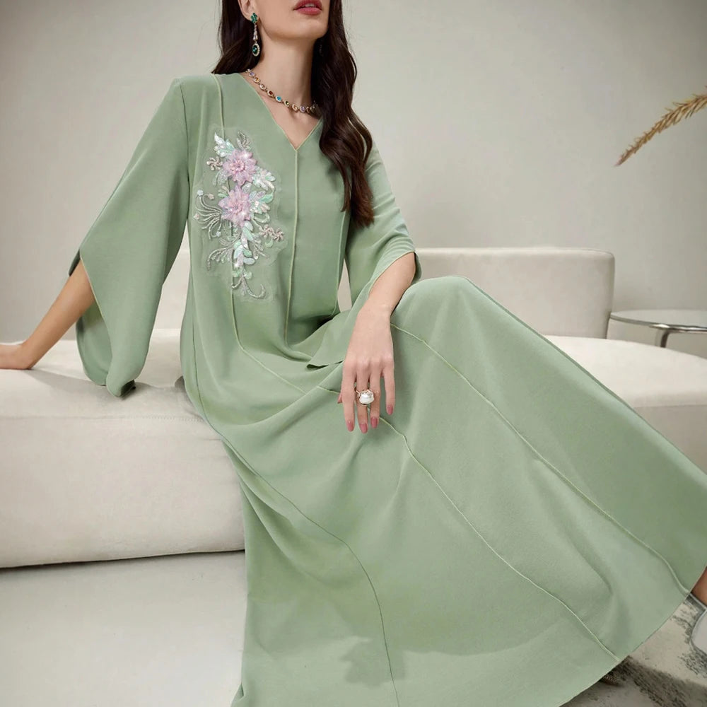 Rafiah Summer Dresses 2025 Women's Appliques Plain Draped Long Flare Sleeve V-Neck Loose Fit Basics Arabian Midi Dress
