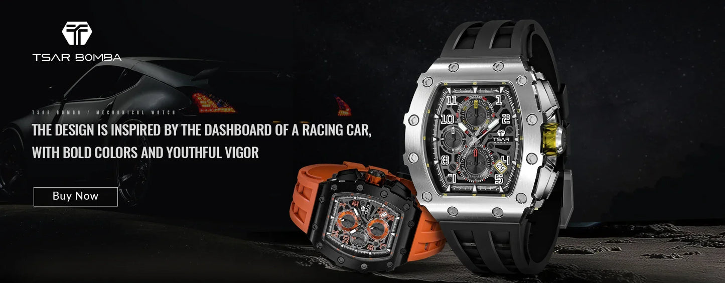 TSAR BOMBA Luxury Mens Watch Top Brand Wristwatch Tonneau Clock Rubber Strap Chronograph Sapphire Watches for Men