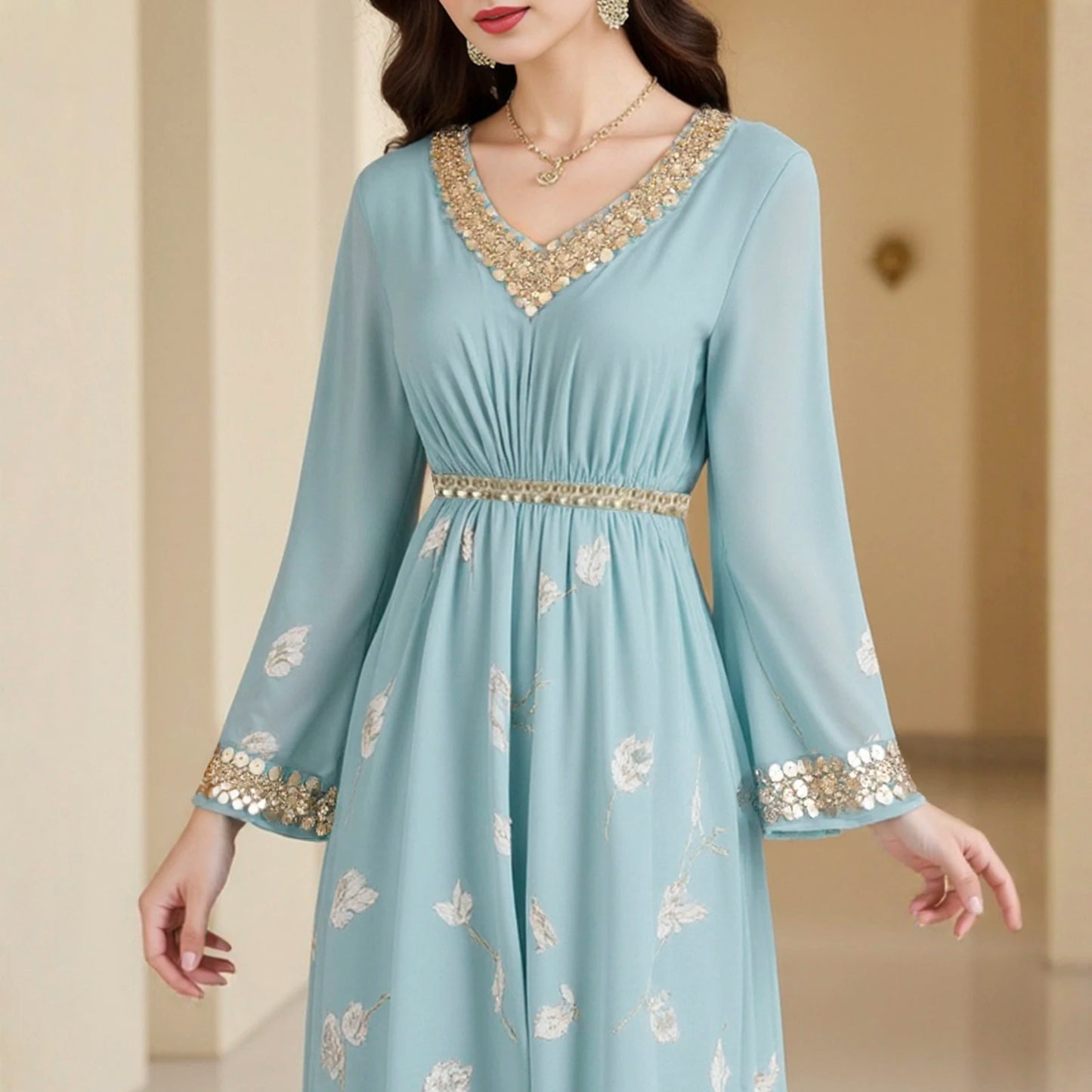 Rafiah Autumn Arabian Dress 2025 Women's Decent Sequins Nipped Waists Long Sleeve V-Neck A-Line Daily Basic Midi Dress