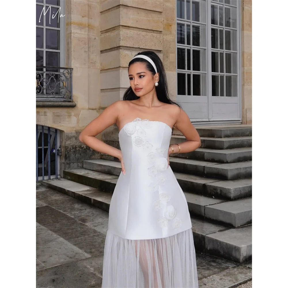 Mila Strapless A-Line Wedding Party Dress 2025 Sleeveless 3D Flowers Customized Evening Dresses Zip Stain vestidos de fiesta