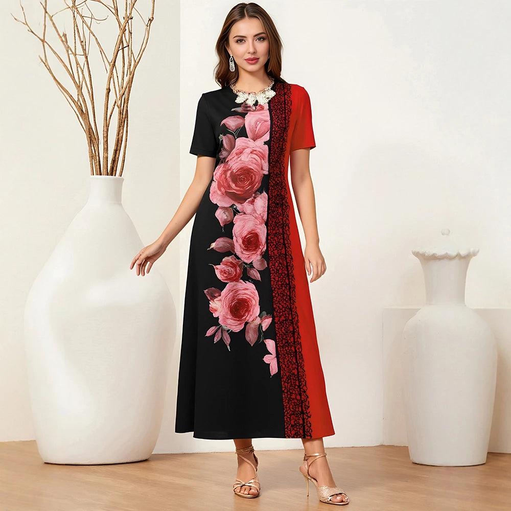 Rafiah Summer Dress 2025 Women's Glamorous Floral Short Sleeve Crew Neck A-Line Maxi Party Arabian Dress