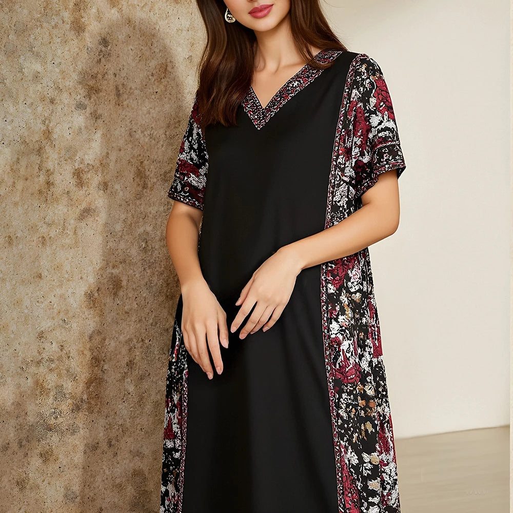 Rafiah Women's Arabian Dress Summer Fashion Opulent Contrast Color Short Sleeve V-Neck Midi A-Line Long Dating Dress