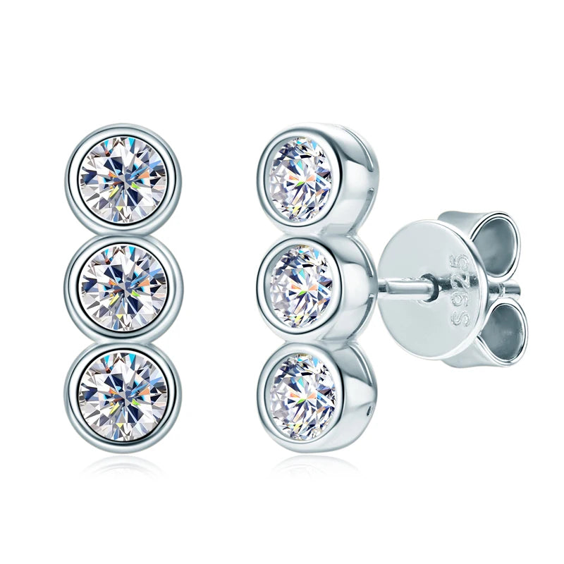 Lnngy Bezel Setting 3mm Moissanite Earrings 925 Sterling Silver Three Stone Stud Earring For Women Girls Fashion Daily Jewelry