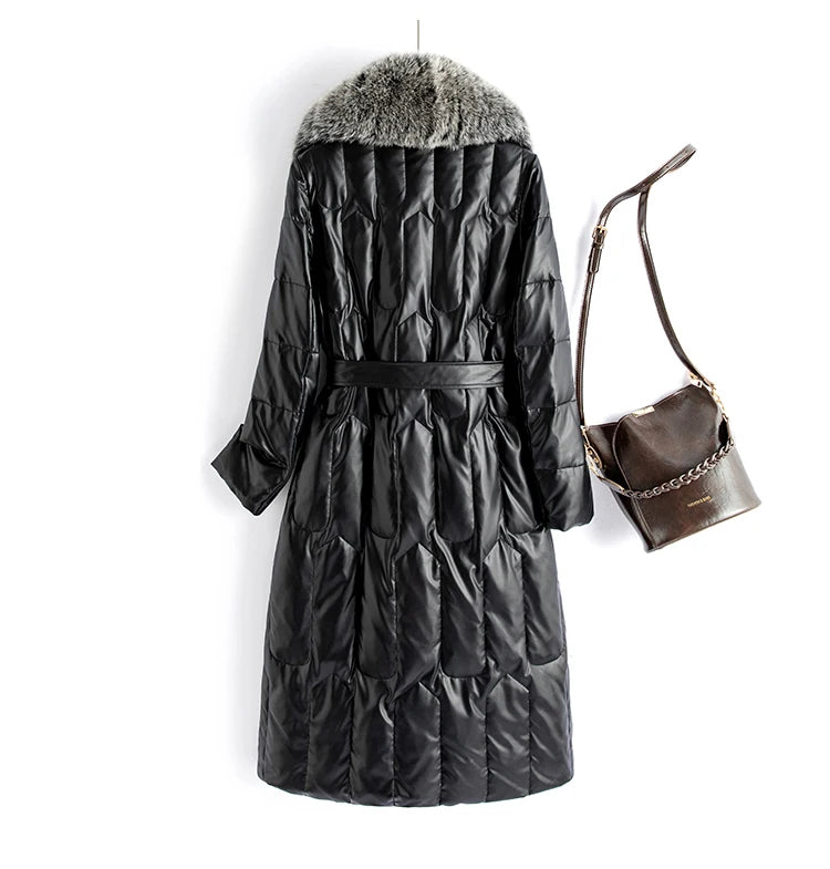 New Women Winter Leather Down Coat Fashion Real Fox Fur Collar Slim Waist Long Leather Coat Casual Thick Warm Overcoat