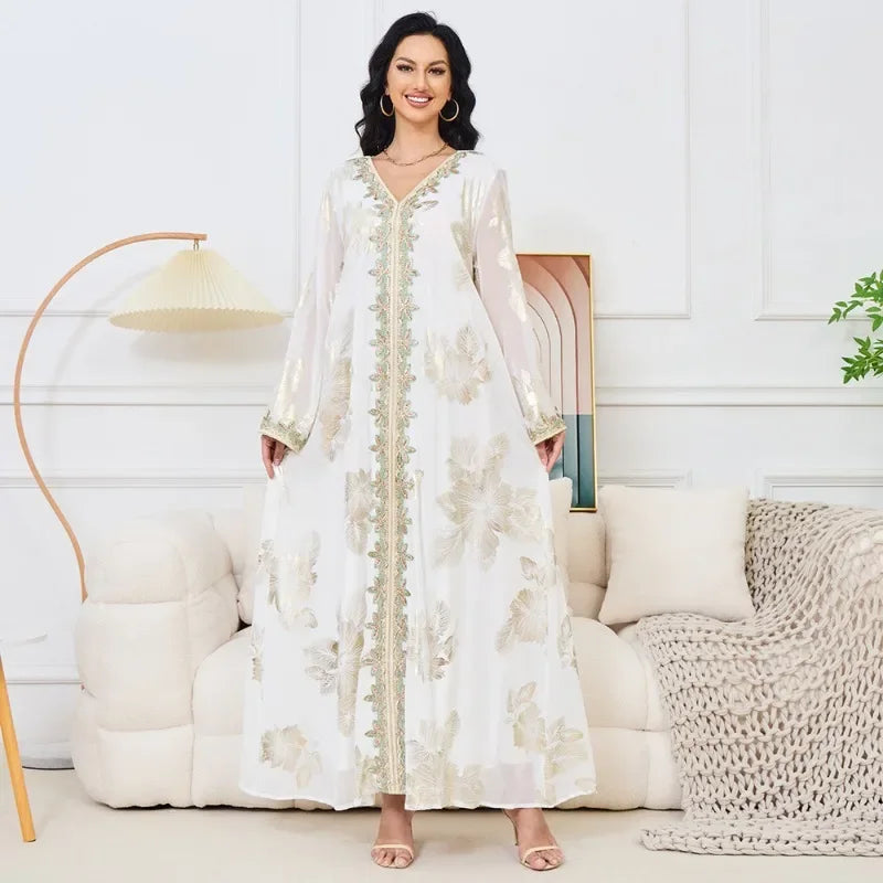 KAF Fashion Women Dress 2025 Spring New V-neck Long-sleeved Printing Hot Stamping Design Loose Large Size Female Party Dresses