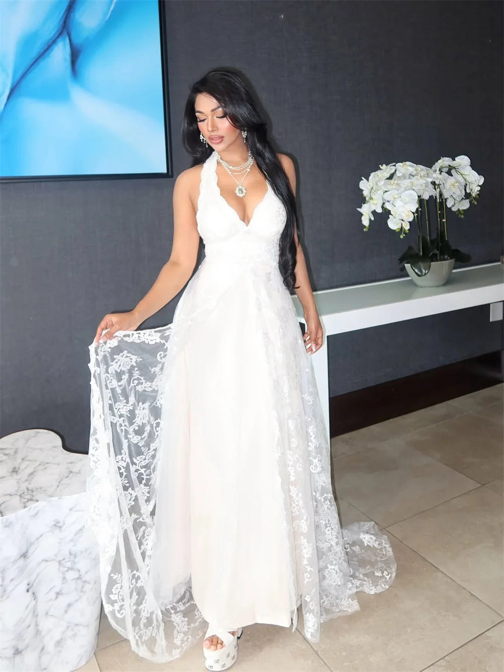 Mila Halter Neck A-Line Wedding Party Dress 2025 Sleeveless Lace Embroidery Customized Evening Dresses Zip vestidos de fiesta