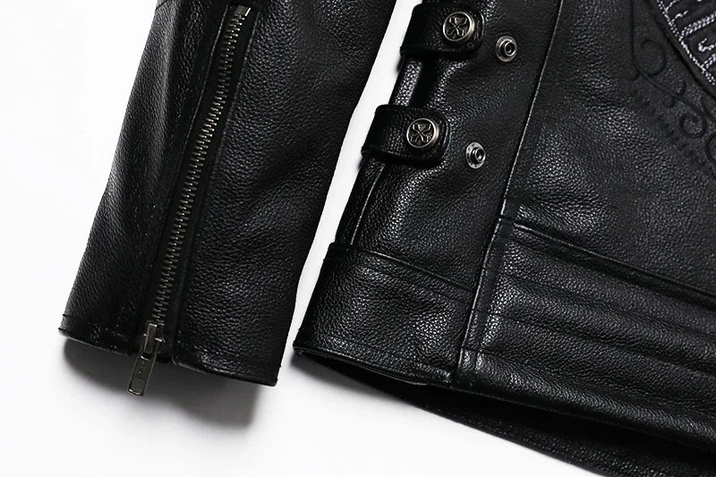 2025 New Embroidery Skull Fashion Genuine Leather Jacket Men's Natural Cowhide Motorcycle Jacket Slim Moto Coat Size S-6XL