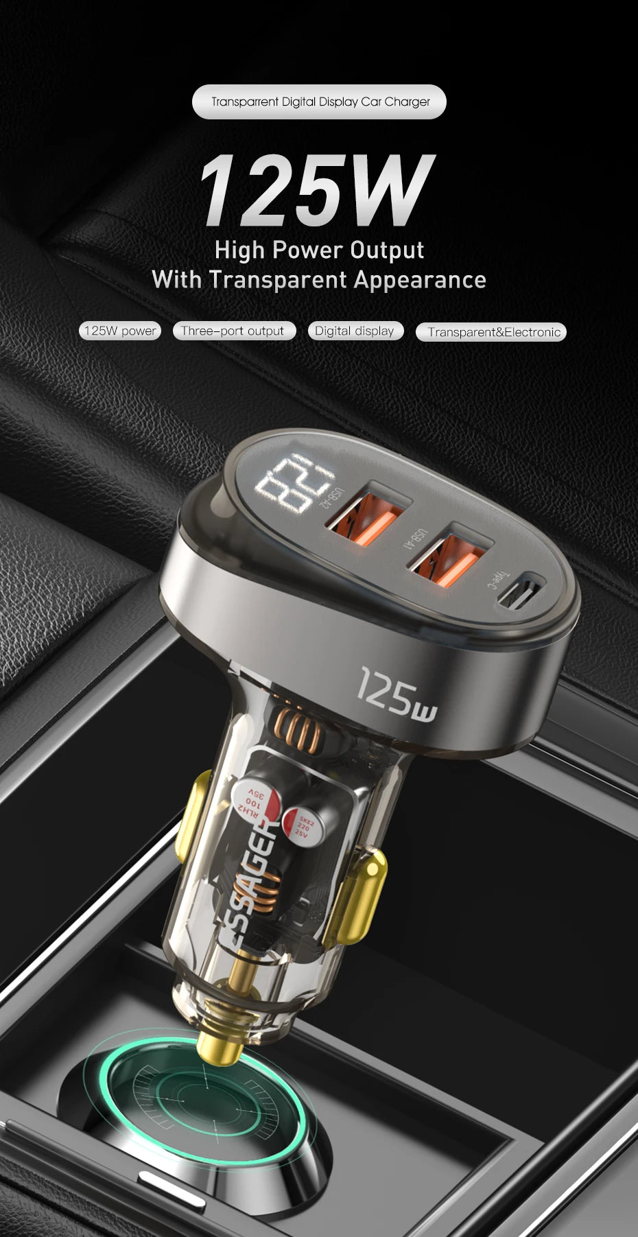 Essager 125W Digital Display Fast Car Charger For iPhone iPad MacBook USB A C Quick Charger For Huawei Honor Xiaomi Samsung OPPO