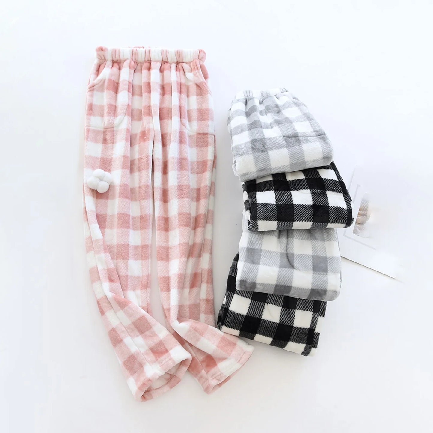 Women Loose Pajama Pants Plush Sleep Pants Soft Elastic Waist Pajama Bottoms Plaid New Classics Pants With 2 Pockets S-3XL
