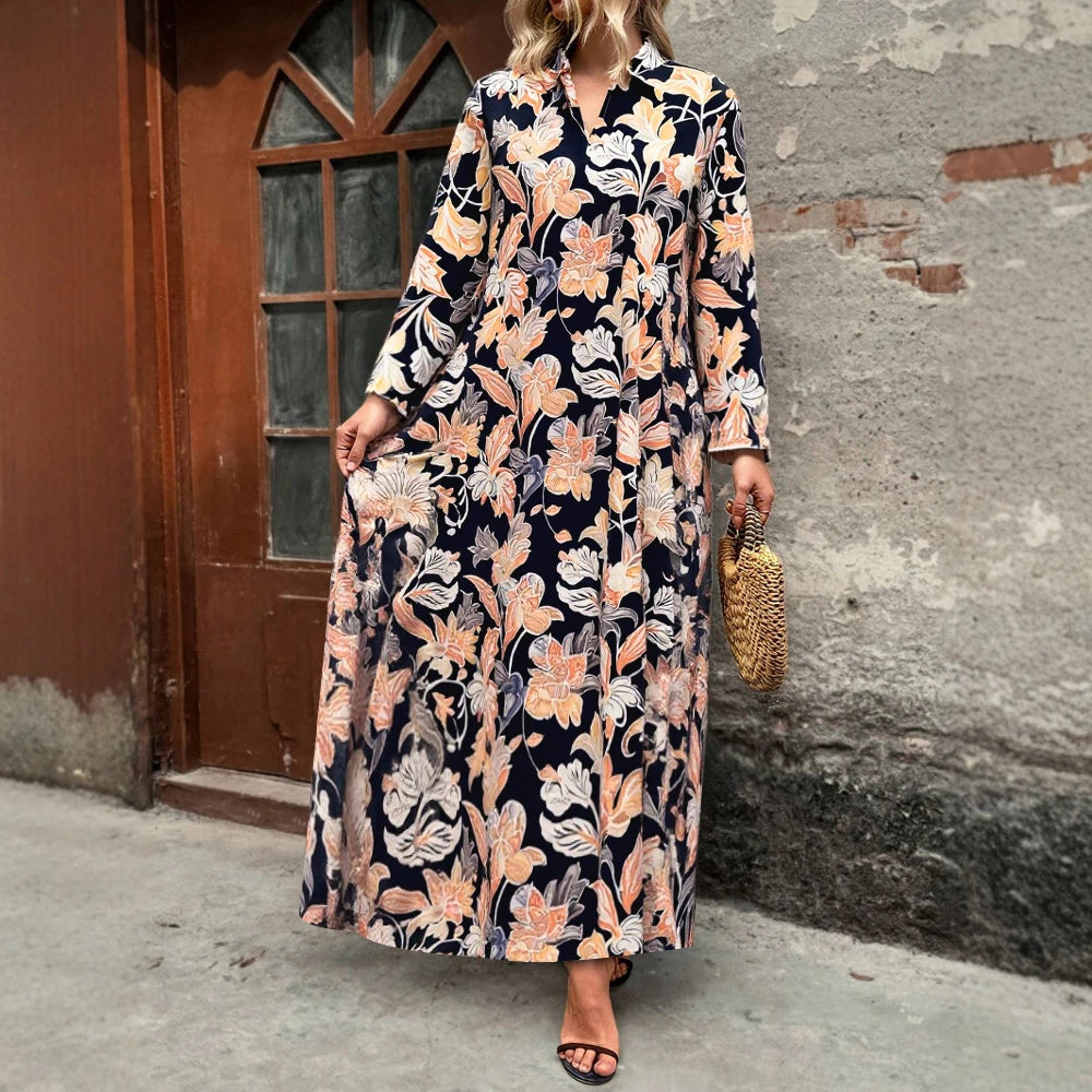 Plus Size Rafiah Women's Summer Arabian Dress 2025 Botanical Print Long Sleeve Lapel Draped Loose Fit Long Dress