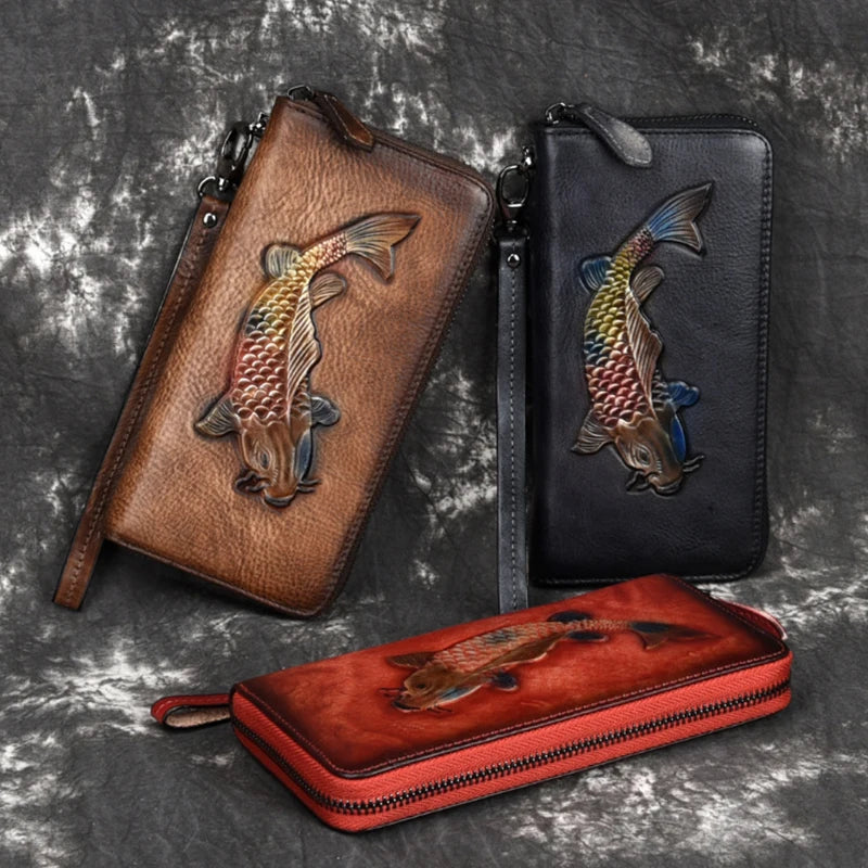 Motaora Women's Wallet Retro Genuine Leather Wallet For Female New Wristband Zipper Cell Phone Bag Golden Fish Engraved Clutches