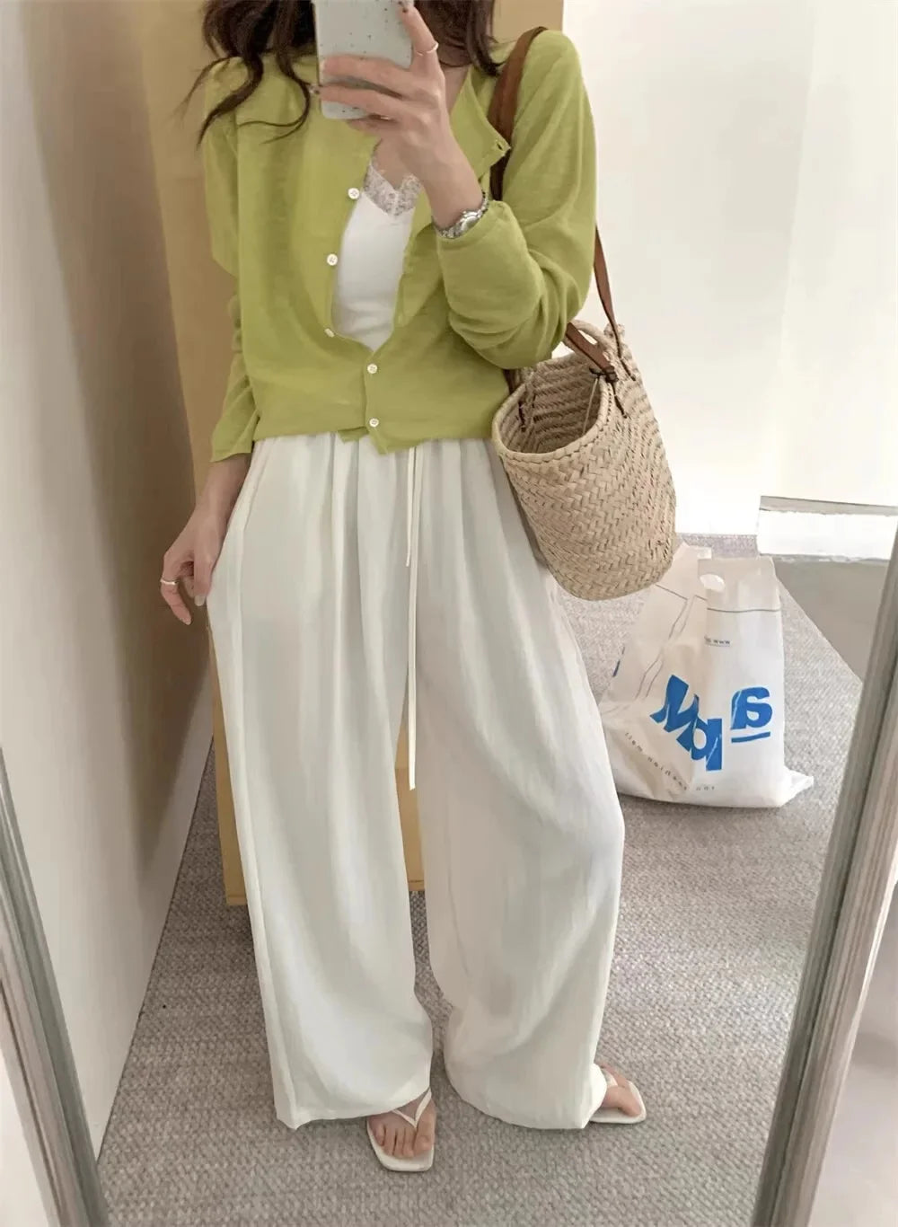 Slimming Wide Leg Cotton Linen Loose Fit Thin High Waist Casual Solid Color Summer Trousers for Women Elegant Drapey Style