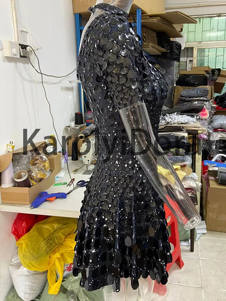 Sexy Black Shell Sequins Mini Dress Nightclub Dance High Quality Performance Clothing Bodysuit Birthday Red Dresses