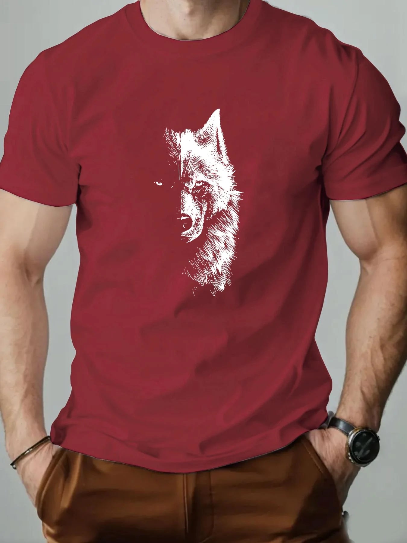 🐺 Men’s Summer 100% Cotton Casual T-Shirt,Half Wolf Pattern Print | Loose Fit | Round Neck | Breathable Comfort