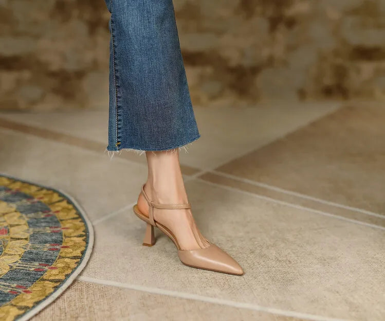 Summer Women Shoes Pointed Toe Thin Heel Women Sandals Genuine Leather Shoes for Women Slingback Elegant High Heels Party Shoes