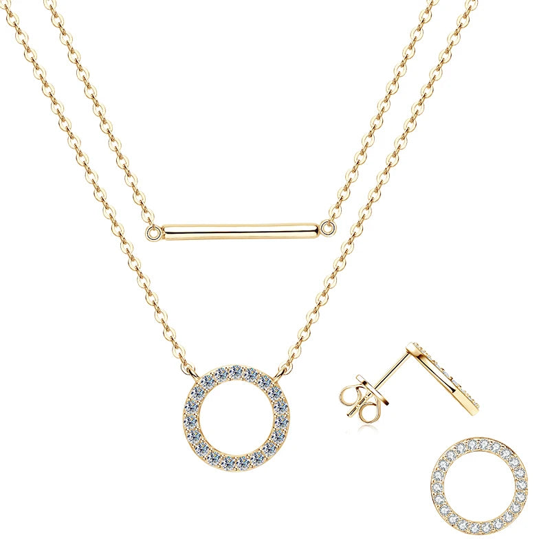 Lnngy Double Layer Chain Necklace For Women 925 Sterling Silver Moissanite Circel Pendant Necklaces Stud Earring Jewelry Set