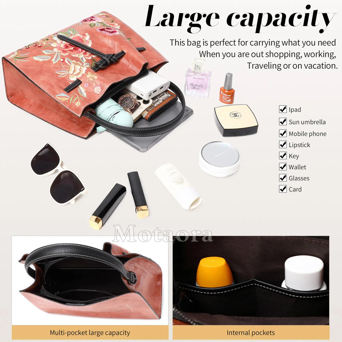 MOTAORA Vintage Chinese Embroidery Leather Shoulder Bag Women Large Capacity Crossbody Bucket Bag Ladies Fashion Handbag NEW