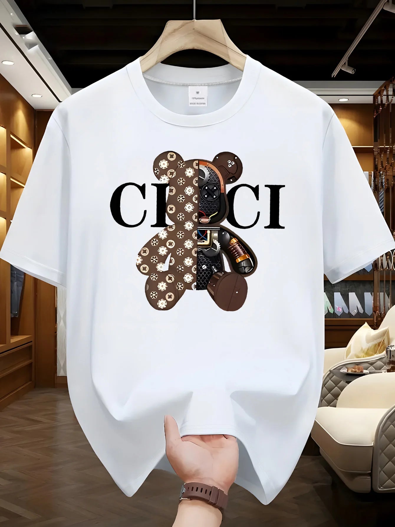 Men's summer 100% pure cotton fashionable casual loose brown mechanical bear cartoon printed round neck short sleeved T-shirt