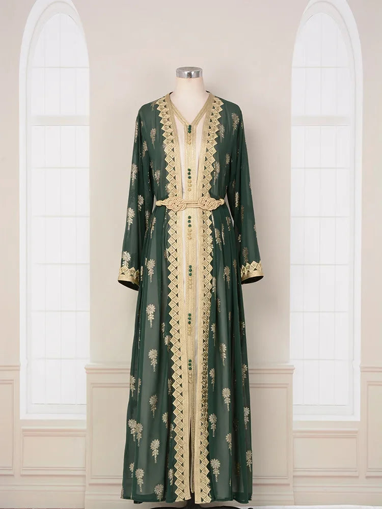 KAF Women Luxury Evening Party Dress 2 Piece Printed Embroidered Cardigan Long Jacket V-Neck Sleeveless Dress 2025 Spring New