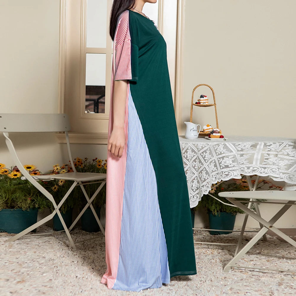 Rafiah Summer Arabian Dress 2025 Casual Edgy Contrast Color Short Sleeve Round Neck Maxi A-Line Long Dress For Women