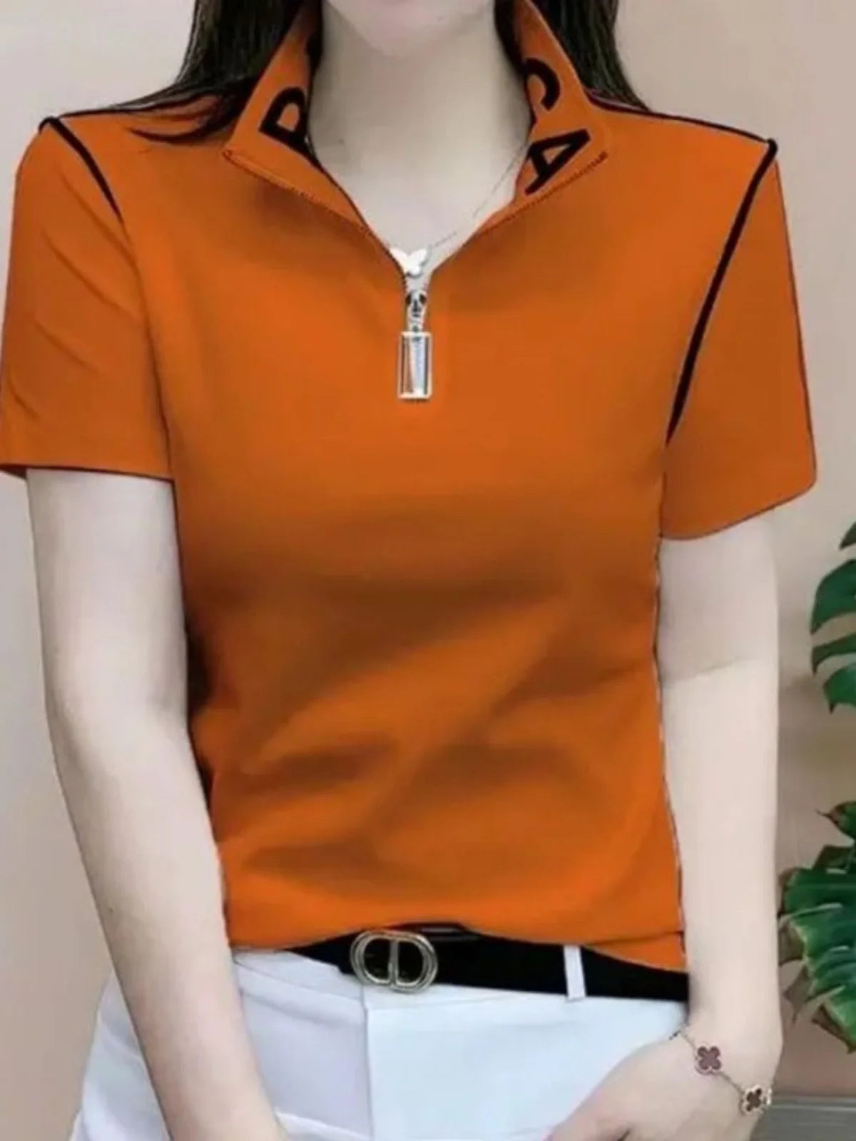 ort Sve T-irt Women's Summer New Faion irt Zipper Collar Mom's Clothes Anti-Aging Base Layer Top Polyester Fiber