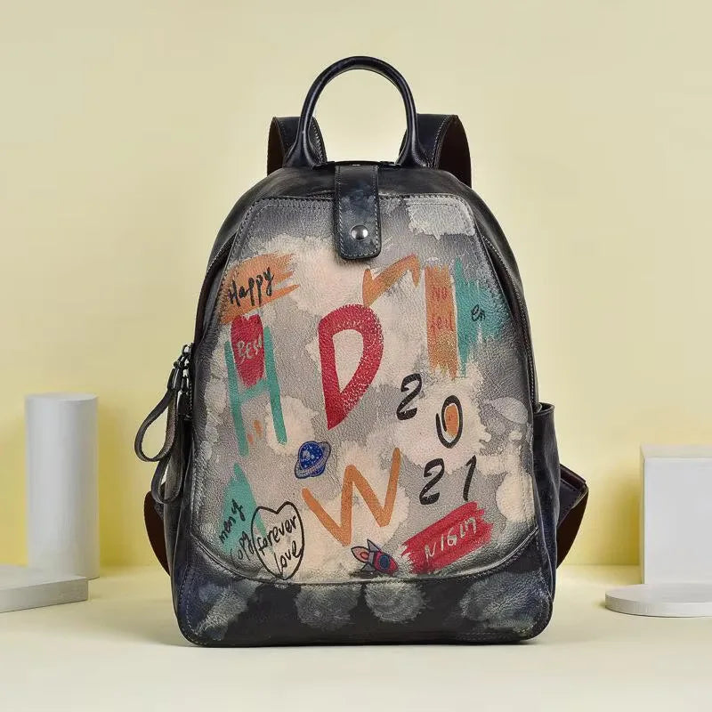 MOTAORA 2025 New Retro Genuine Leather Backpack For Women Hand-painted Graffiti Design Cowhide Travel Bag For Everyday Use