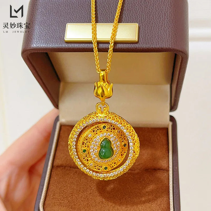 Women's 24K Gold Rotatable Hollow Pendant, AU999 | Distressed hollow-texture, rustic elegance for everyday grace.