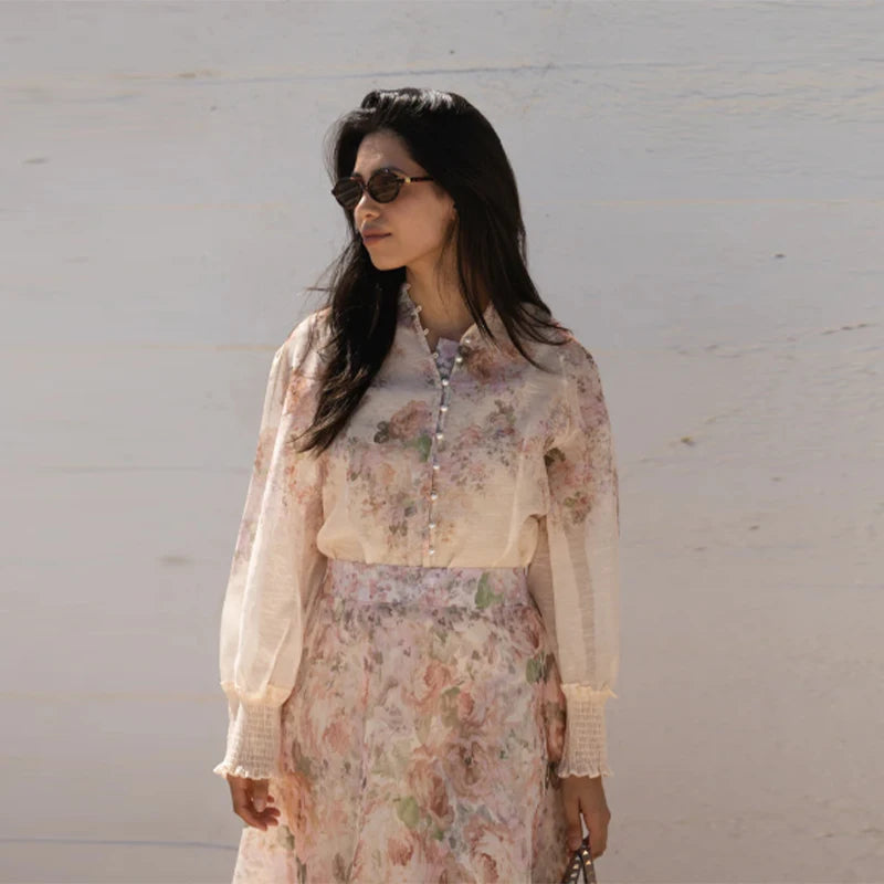 Floral Printed Two-Piece Skirt Set – Loose Full Sleeve Shirt & Pleated Maxi Skirt
