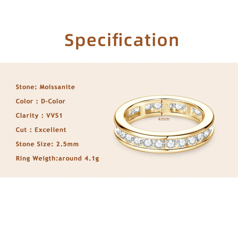 Lnngy 2.5mm Moissanite Diamond Rings Certified 925 Sterling Silver Eternity Band For Women Couples Wedding Ring Jewelry Gift