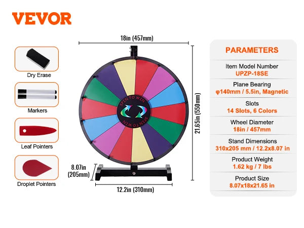 SucceBuy 18/24/36 inch Spinning Prize Wheel 14 Slots Spinning Wheel Tabletop Floor Standing Win Fortune Spin Games in Party Pub