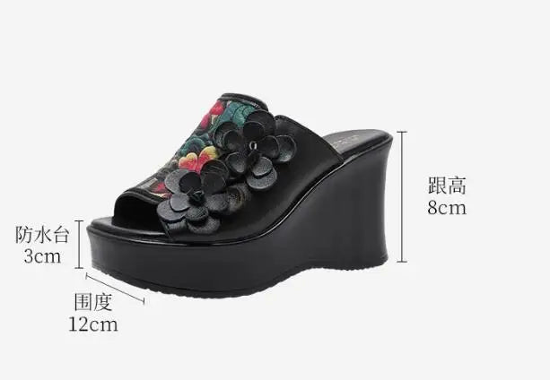 Genuine Leather Women Flower High Heels Wedges Summer Platform Slippers