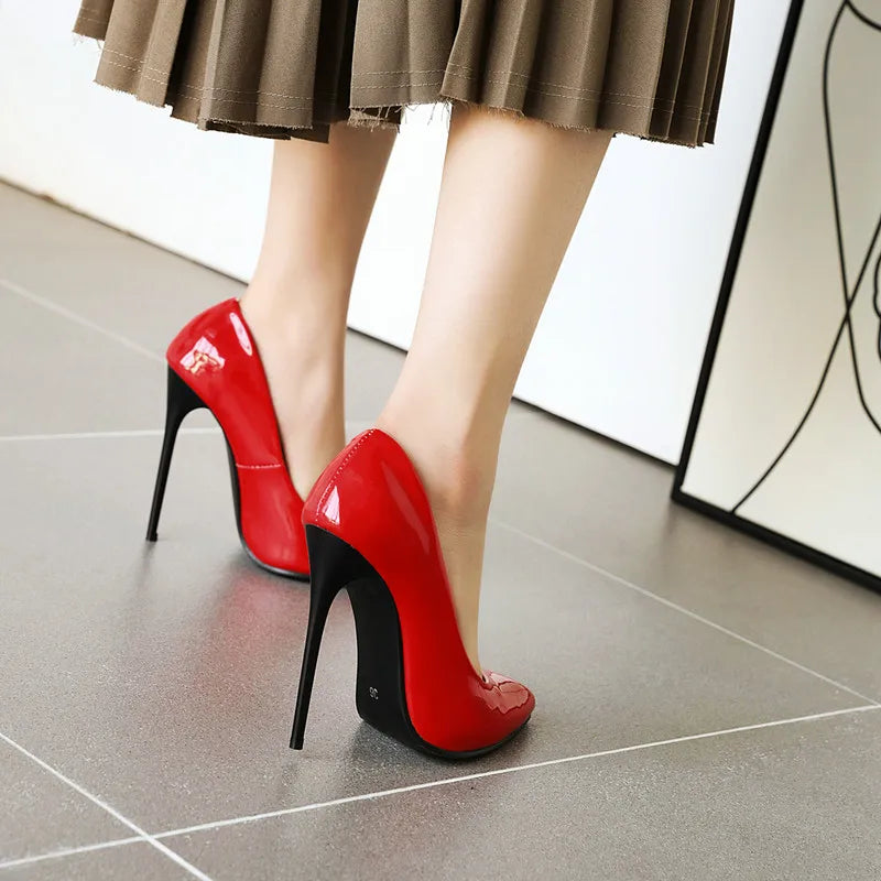 Women’s Pumps Classic Sexy Thin High Heels 12cm Patent Leather Stiletto Pointed Toe Party Elegant Office Shoes Big Size 34-48