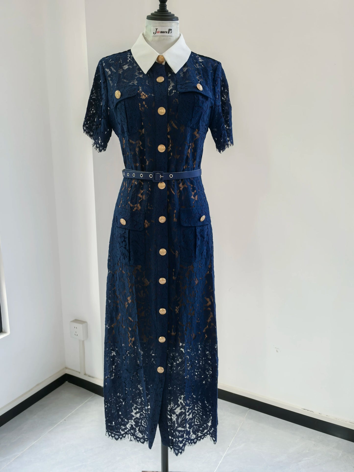 Formal Luxury Evening Long Dress Women Summer Autumn White Peter Pan Collar Hollow Out Blue Pencil Embroidery Lace Dress Party