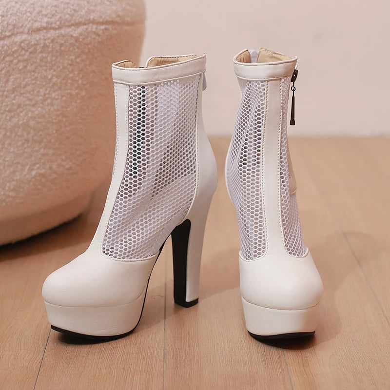 Women’s Summer Ankle Boots – Handmade Mesh + PU Leather – Closed Toe – Platform High Heel – Zip Up – Sizes 4.5–18