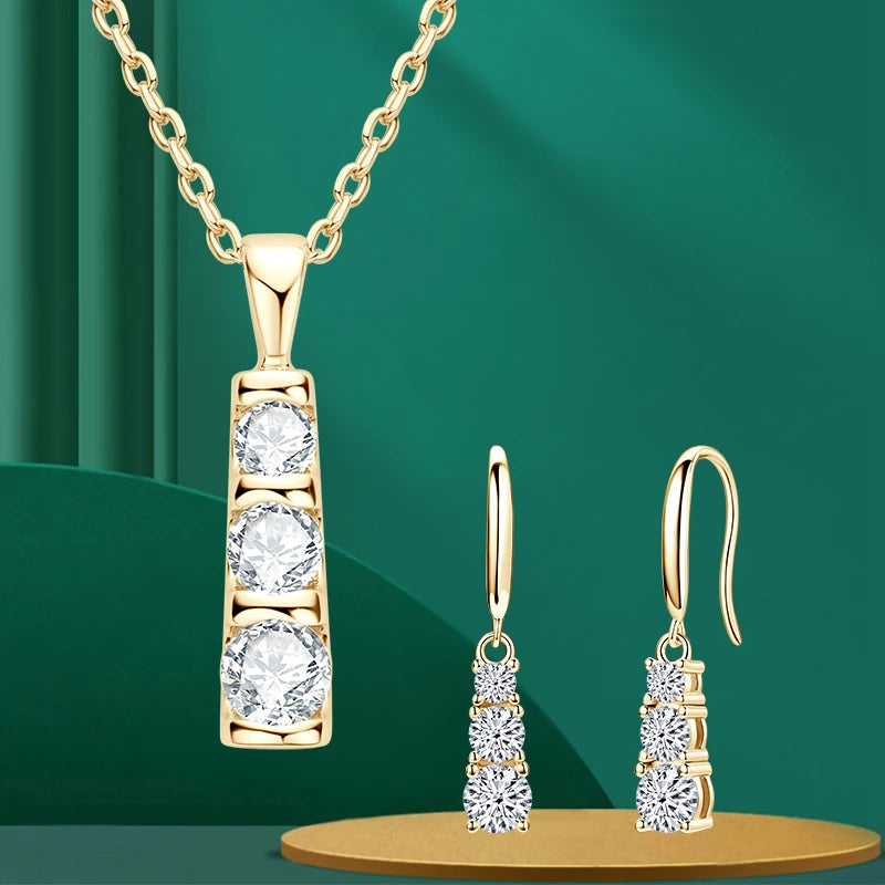 Lnngy Three Stone Moissanite Jewelry Set 925 Sterling Silver Pendant Necklace Dangle Earring For Couples Lovers' Wedding Gift