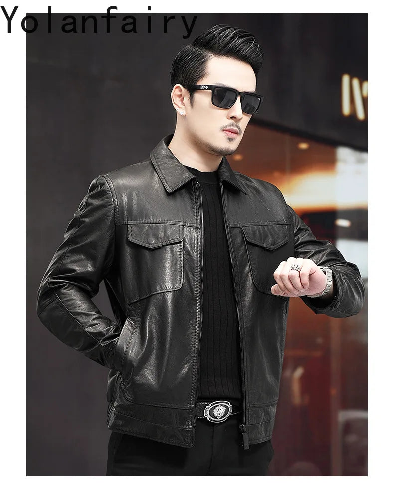 Men's Distressed Genuine Cowhide Leather Jacket – Spring Autumn Casual Slim Fit