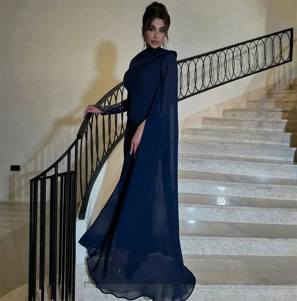 فساتين سهرة ميلا زرقاء داكنة بياقة دائرية وأكمام طويلة وسحاب للإغلاق وشال قابل للفصل وفساتين حفلات موسيقية مخصصة لعام ٢٠٢٥