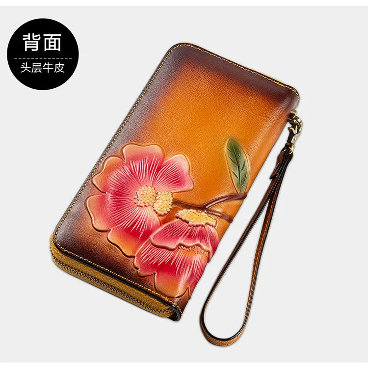 MOTAORA Vintage Genuine Leather Women's Long Wallet | RFID Protected Zipper Purse with Card Holders & Phone Pocket
