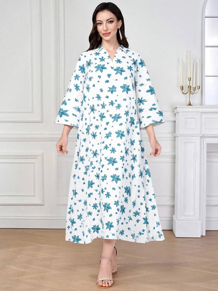 Rafiah Women's Even Dress Arabian 2025 Summer Comfortable Indie Folk Graphic Printing Lapel Midi Loose Fit Long Dress