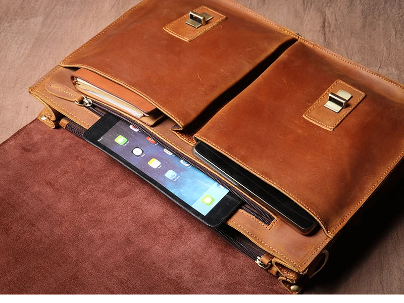 LUOKIR Vintage Crazy Horse Briefcase Travel Genuine Leather Handbag Luxury Men's Messenger Computer Shoulder Bag 14 Inch Laptop