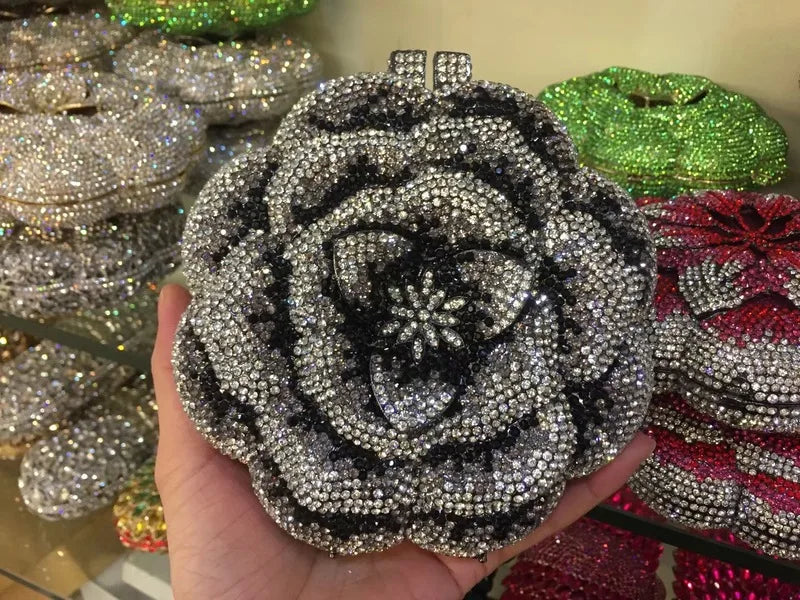 Rose Flower Pink/Green Rhinestones Evening Clutches Women Floral Yellow Crystal Evening Bags Bridal Wedding Party Clutch Purse
