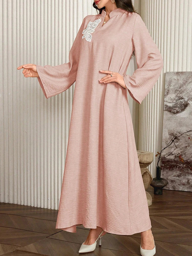 Rafiah Women's Even Dress 2025 Modest Fashion Embroidery Long Sleeve Half Open Neck Midi Kaftan Jalabiya Long Dress